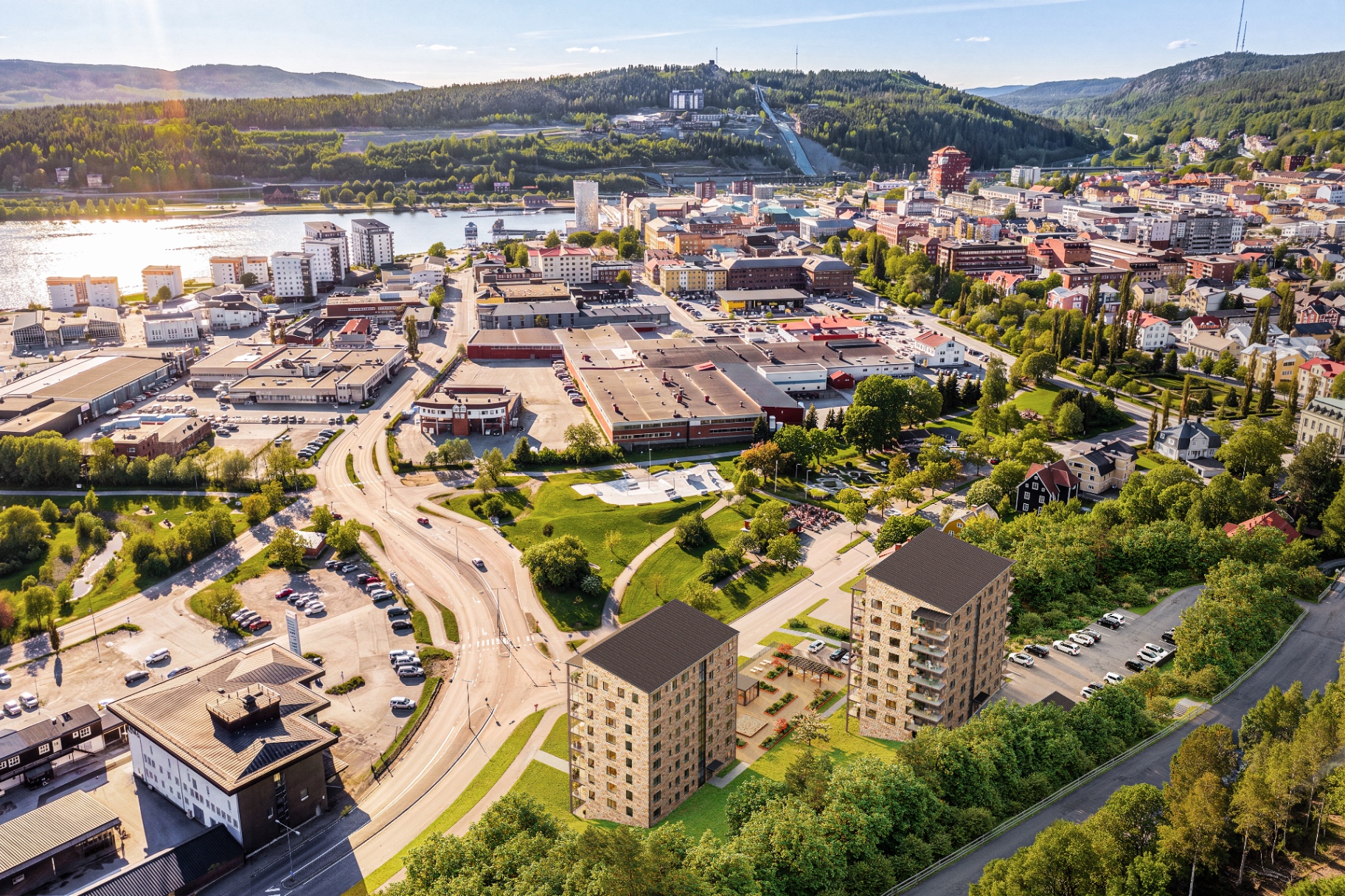 Flygvy över Örnsköldsvik med Brf Lugnet och Paradiskullen i bakgrunden